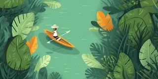 卡通插画湖面植物划船游湖背景