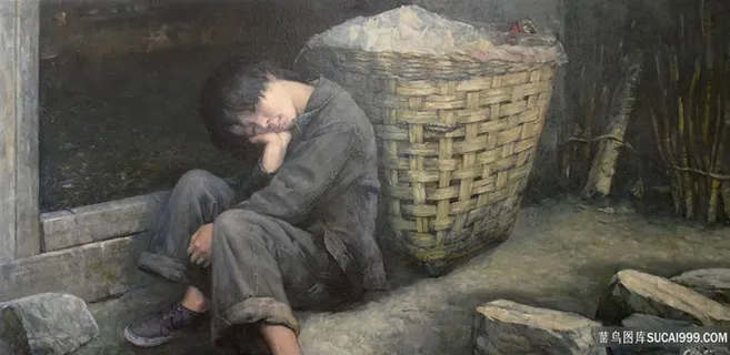 农村男孩油画风景画