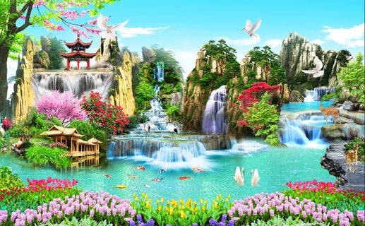 中式山水流水生财高山流水背景墙