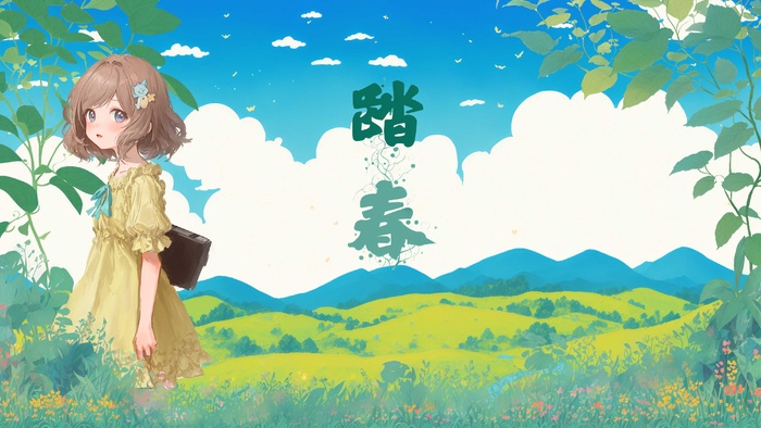 可爱女孩踏春手绘插画壁纸海报-青