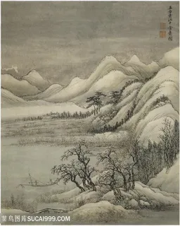画家巨然仿古画册江干雪意国画图片