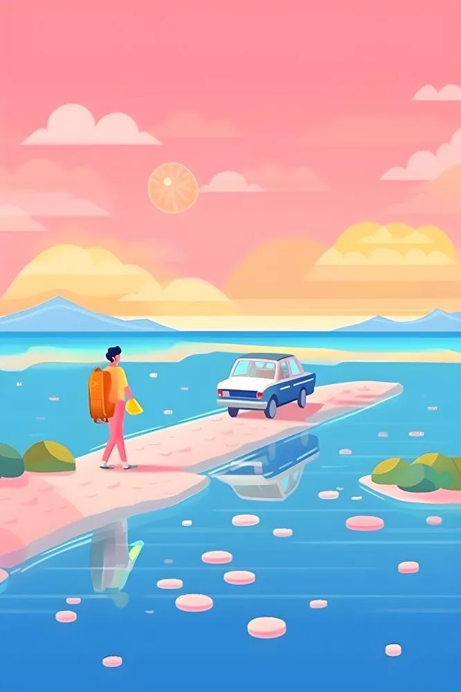 开车旅行海边公路天空云朵插画背景(2400x3600)