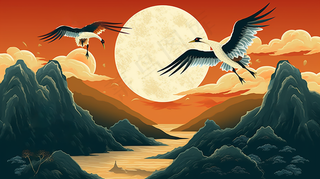 古风国潮仙鹤鸟山川河流阁楼插画素材