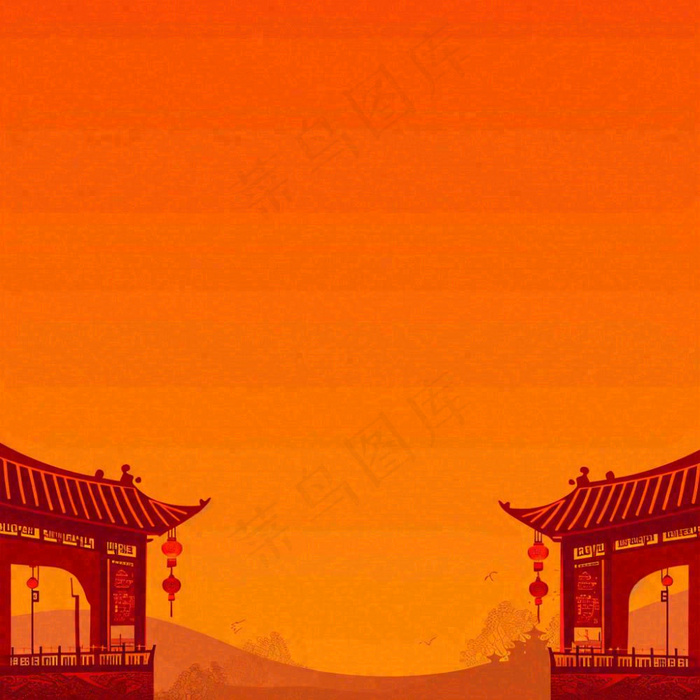 红色渐变国风建筑剪影，中国风简约