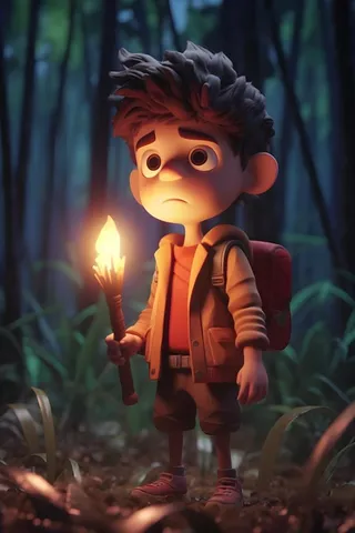 森林探险旅行男孩夜晚3D卡通背景