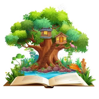 大树上的木屋树屋书本卡通插画免抠