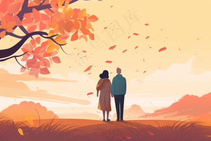 秋季夫妇依偎黄叶纷飞重阳插画素材背景(x)