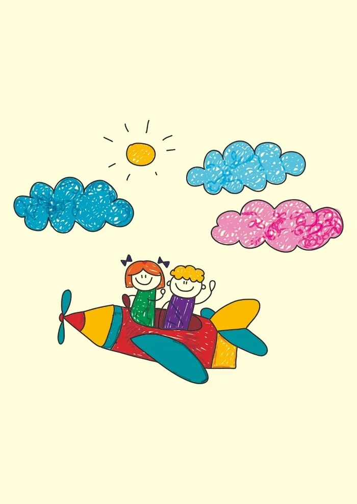 蜡笔画 同年飞机 小太阳 云朵cdr矢量模版下载