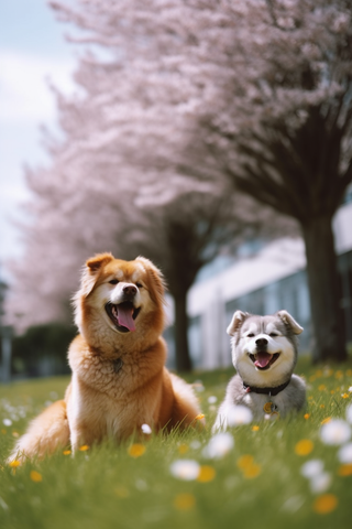 两只狗在草丛花丛里玩耍摄影图