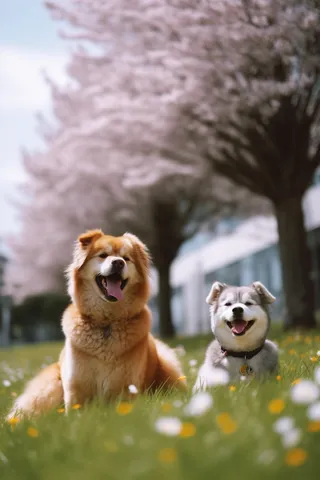 两只狗在草丛花丛里玩耍摄影图