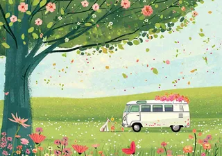 清新可爱春日郊游旅行房车粉绿蜡笔插画手绘草坪，惊蛰春分