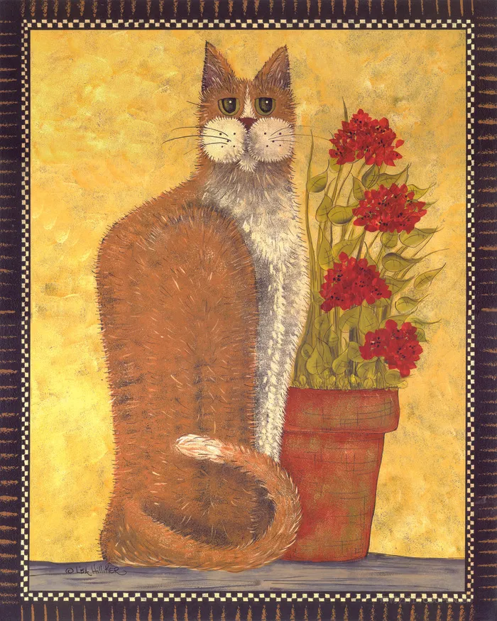 花卉盆栽猫高清油画