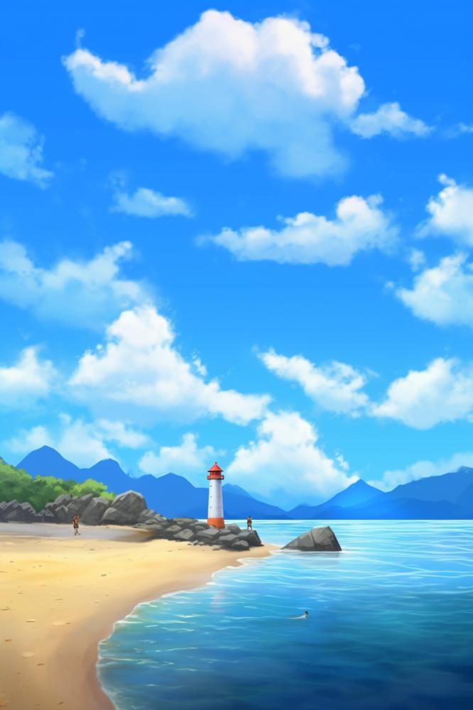 夏日清新阳光沙滩海浪蓝色插画背景(896x1344)