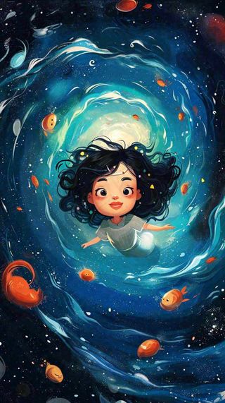 炫酷浪漫海洋海底水底可爱女孩手绘插画，鱼类水母生物