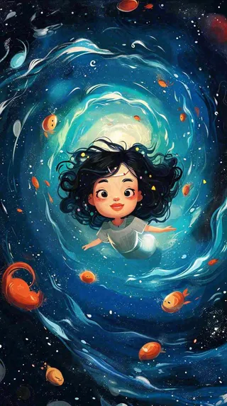 炫酷浪漫海洋海底水底可爱女孩手绘插画，鱼类水母生物