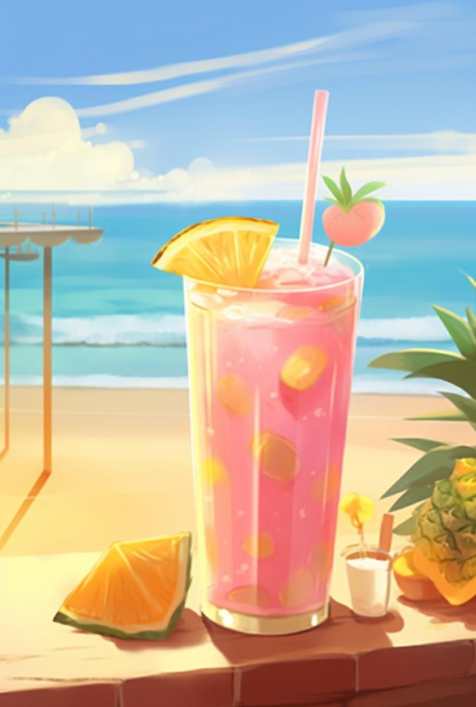 夏日沙滩饮料天空插画背景(896x1328)