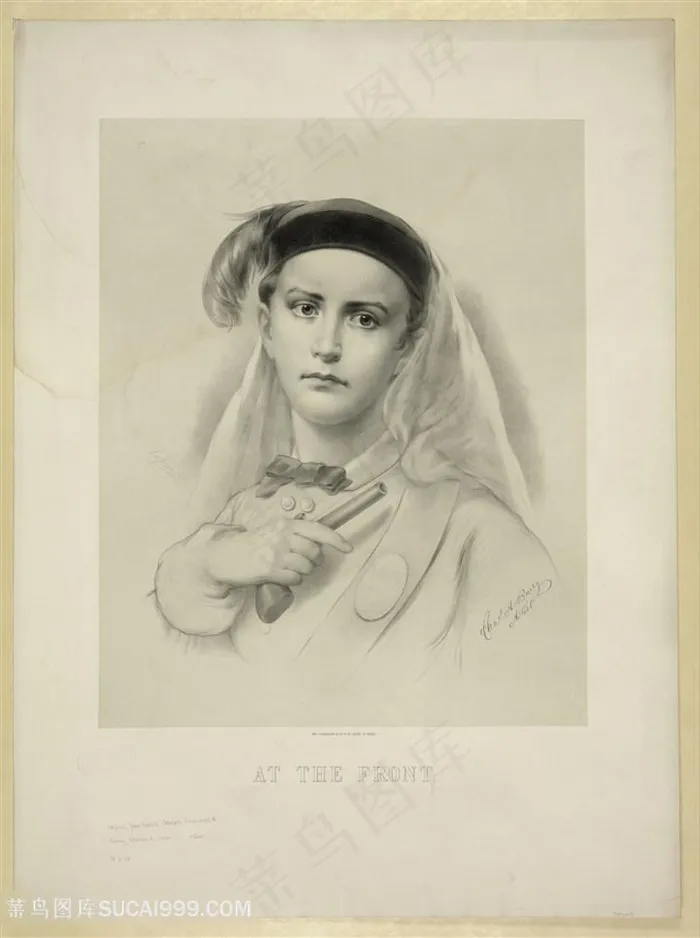 彩铅时尚素描拿枪女性装饰画