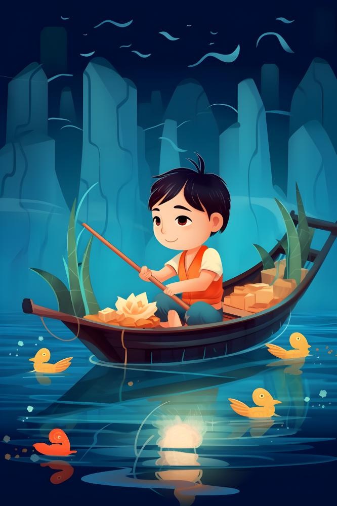 水上划船龙舟水草卡通插画背景