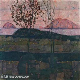 席勒手绘油画湖畔山脉高清风景画 席勒手绘油画湖畔山脉高清风景画
