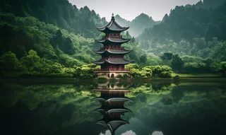 宝塔坐落在郁郁葱葱的绿色山上水中有好听的 倒影摄影图