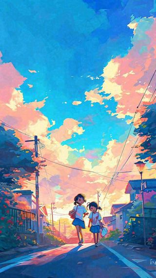 清新蓝天白云儿童路边行走手绘插画，花丛草地植物