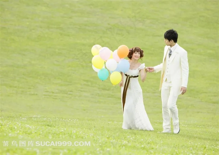 草地上拿起来拉手的幸福情侣婚纱摄影