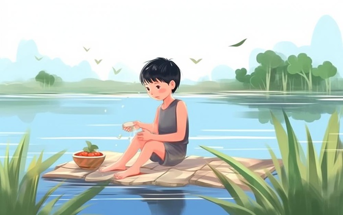 夏日卡通男孩坐着河边嬉水插画背景(1376x864)