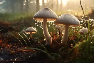 草原蘑菇清晨露珠阳光朝阳摄影海报素材背景