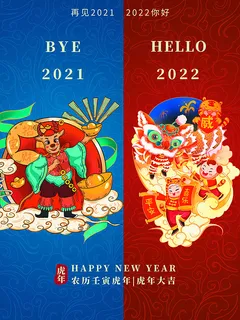 虎年新年海报展板psd模板红色喜庆插画2022