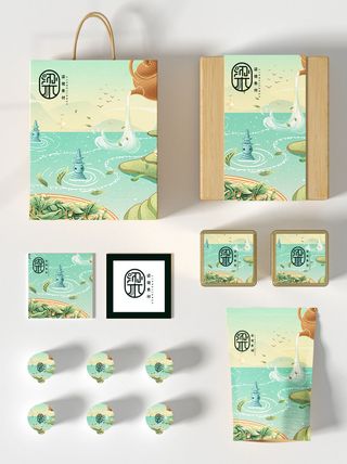国风高档茶叶包装盒袋罐瓶LOGO标贴展示VI智能贴图样机PSD素材