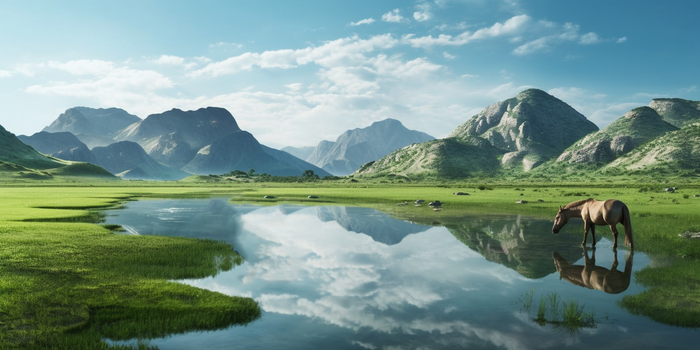 蓝天白云湖泊山峰马匹在喝水美景摄影图(4608x2304)