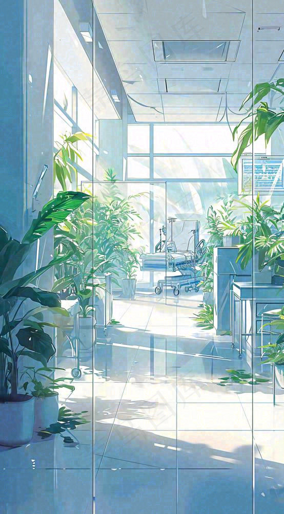 夏天明媚的阳光洒进办公室绿色的植物在办公室走廊上，线性插画手绘(816x1472)