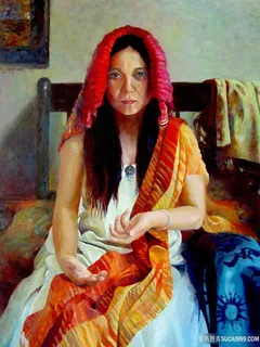 唯美妇女坐在床上油画