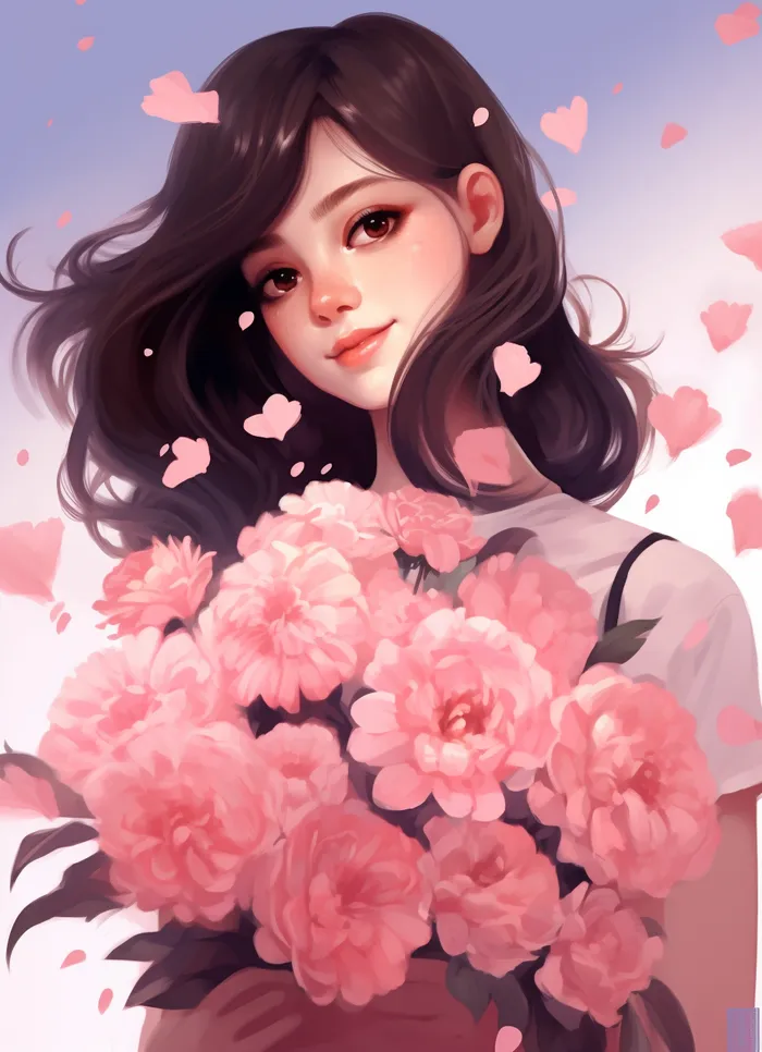 美丽少女抱着大捧粉色鲜花卡通插画(x)