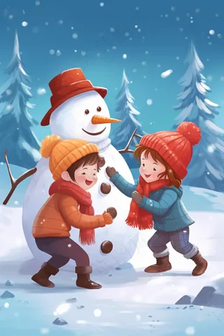 下雪天堆雪人保暖帽子围巾卡通插画素材背景