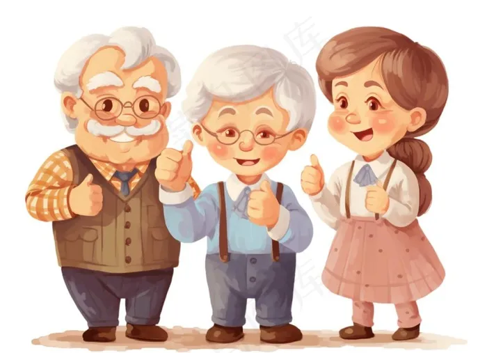 老人合照团聚卡通插画免抠(1280x928)