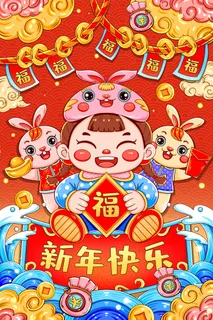 手绘卡通兔子新年喜庆海报