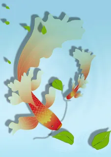 红色锦鲤绿色落叶水波小清新背景图