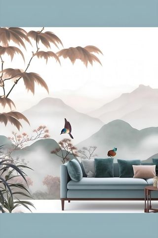 古风山水画迎客松鸟水墨画背景