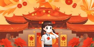 学生中国红祖国繁花背景