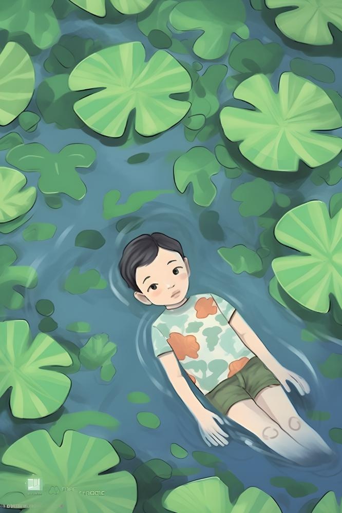 夏日玩水湖面植物荷叶睡莲插画背景(2400x3600)