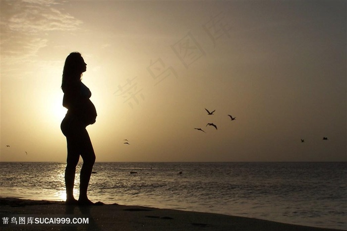 孕妇海边散步家庭图片