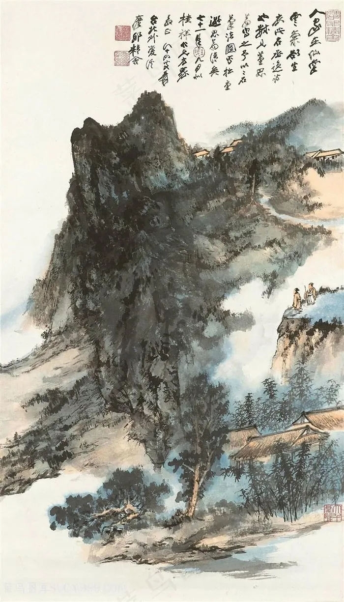 张大千手绘水墨山脉风景画