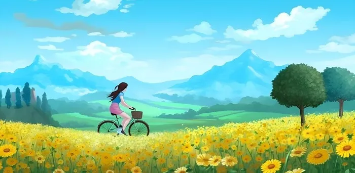 春天蓝天鸟白云群山花丛草丛骑着自行车的女孩人物插画素材背景(6272x3072)