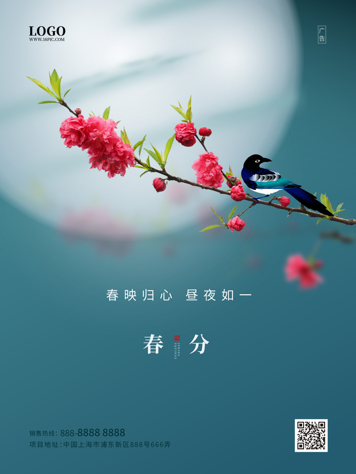 春分枝头小鸟意境海报ai矢量模版下载