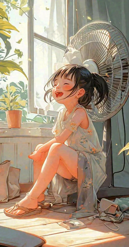 夏天风扇凉快清新儿童，阳光夏至手绘插画(773x1472)