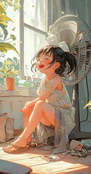 夏天风扇凉快清新儿童，阳光夏至手绘插画