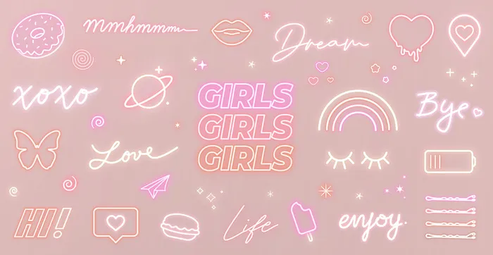 粉红色背景上的一组霓虹少女标志和可爱的发光图标