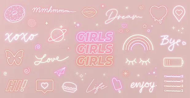 粉红色背景上的一组霓虹少女标志和可爱的发光图标