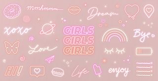 粉红色背景上的一组霓虹少女标志和可爱的发光图标